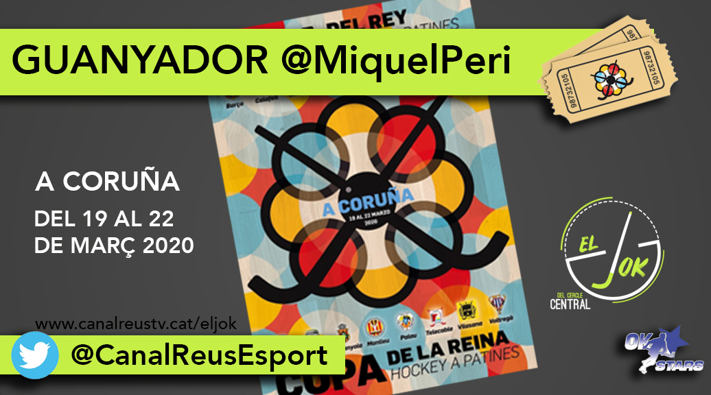 CanalReusEsport's tweet photo. 🏑 #ELJOK | Ja coneixem el guanyador dels dos abonaments per veure els partits de la Copa del Rei i de la Reina d'#HOQUEIPATINS. @MiquelPeri, felicitats!👏
----
Dilluns vinent nou concurs!
---
Amb el suport de 
@okstars27 https://t.co/KI6bMmszGw
