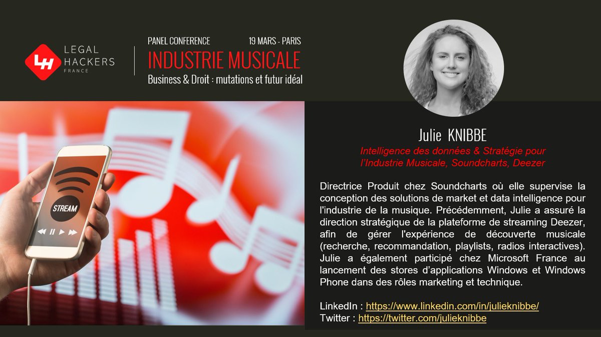 LegalParis's tweet photo. Focus sur Julie Knibbe, invitee du Panel "INDUSTRIE MUSICALE - Business &amp; Droit : mutations et futur idéal", le 19 Mars a Paris. RVSP ici : https://t.co/gFEkDnKK4s #musictech #legaltech #legalhack https://t.co/J2ZUoTmj3Y