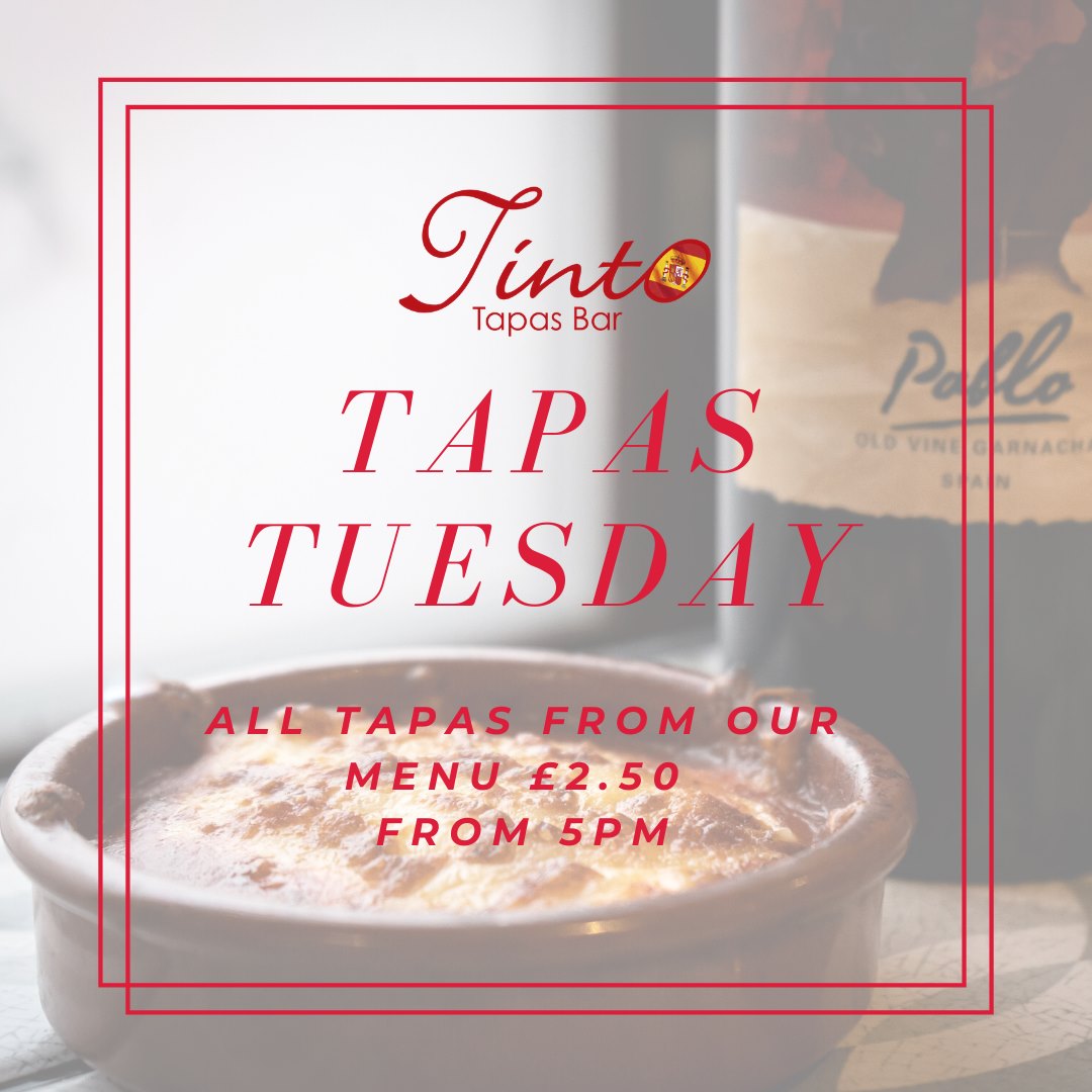 Tinto_Tapas's tweet photo. Could Tuesday be the new Friday? 💃🇪🇸

Tapas Tuesday kicks off at 5pm, enjoy any tapas from our menu for only £2.50! 

Can we fast forward to 5pm? #tapas #tapastuesday #tintotapas https://t.co/OzyBrtlwnX