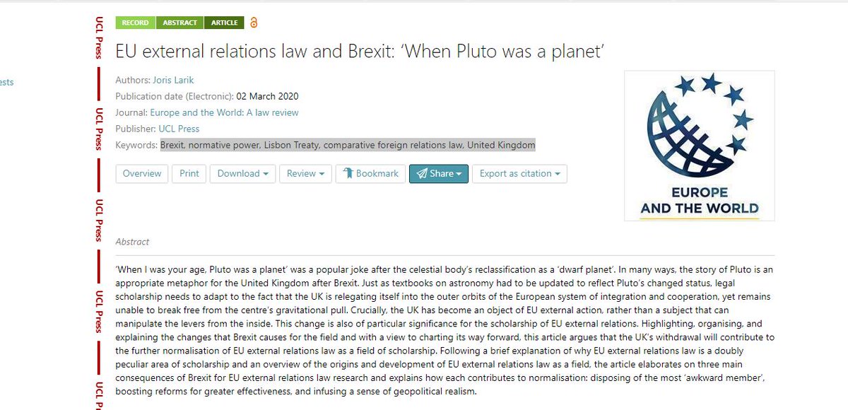 UCLpress's tweet photo. NEW #OA article on @Science_Open "EU external relations law and Brexit: ‘When Pluto was a planet’" @UCL_EI, @UCL_ERIO and @UCLLaws #Brexit #normativepower #LisbonTreaty #UnitedKingdom https://t.co/OUX9c47QXy https://t.co/zmamGAz6ju