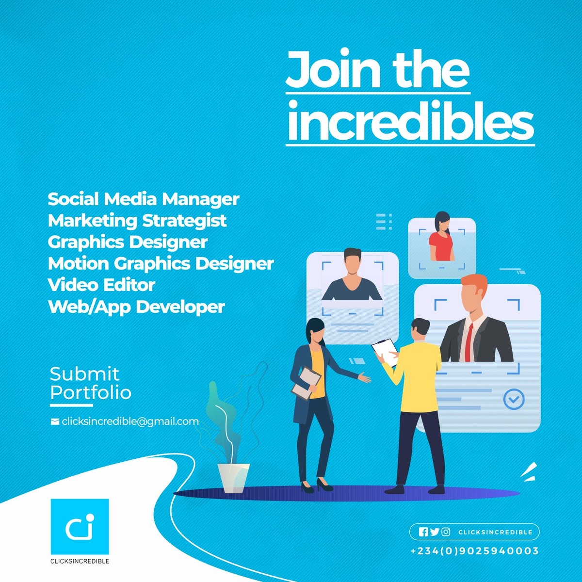 Clickincredible's tweet photo. To creatives that want to be part of clicksincredible, here is a chance to join the Incredibles, a platform to explore your creativity and acquire knowledgeable experience.
Join *The Incredibles*.
Send your portfolio.
#creativity #clicksincredible #incredibles #logodesign https://t.co/u3FwG75gaL