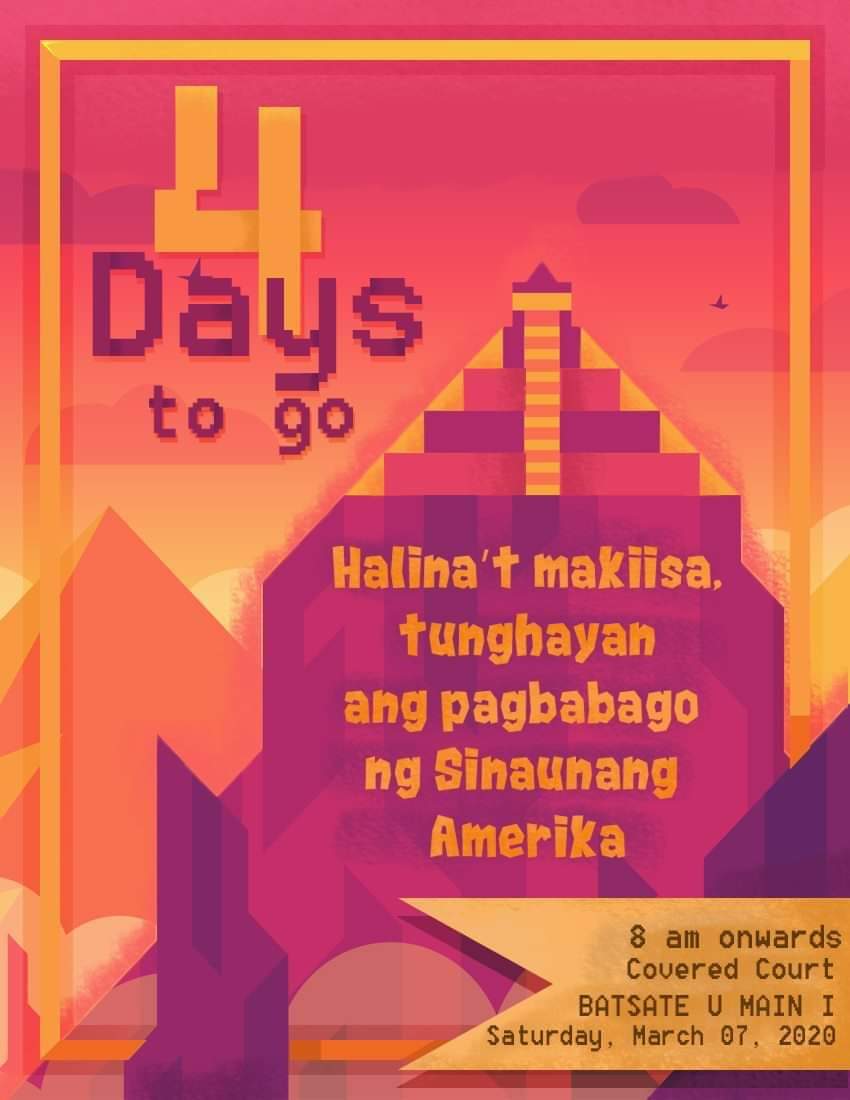 8DIAMOND_1920's tweet photo. 4 days to go until the most awaited event! Halina't makiisa, tunghayan ang pagbabago ng Sinaunang Amerika. 

Don't miss it out Batang IS!

#MAYAgical
#AZTig
#INCAredible https://t.co/aEK2qcxDhV
