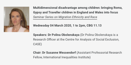 LSEInequalities's tweet photo. TOMORROW: Find out about the experiences of Roma, Gypsy & Traveller children at an @LSEInequalities Migration Seminar w/ @OboleP & @swessendorf:1pm, Weds 04 March, CBG 11.13. #LSEMigration. Further info here! https://t.co/WpHo6kiqN4 https://t.co/WEBypTC8UM