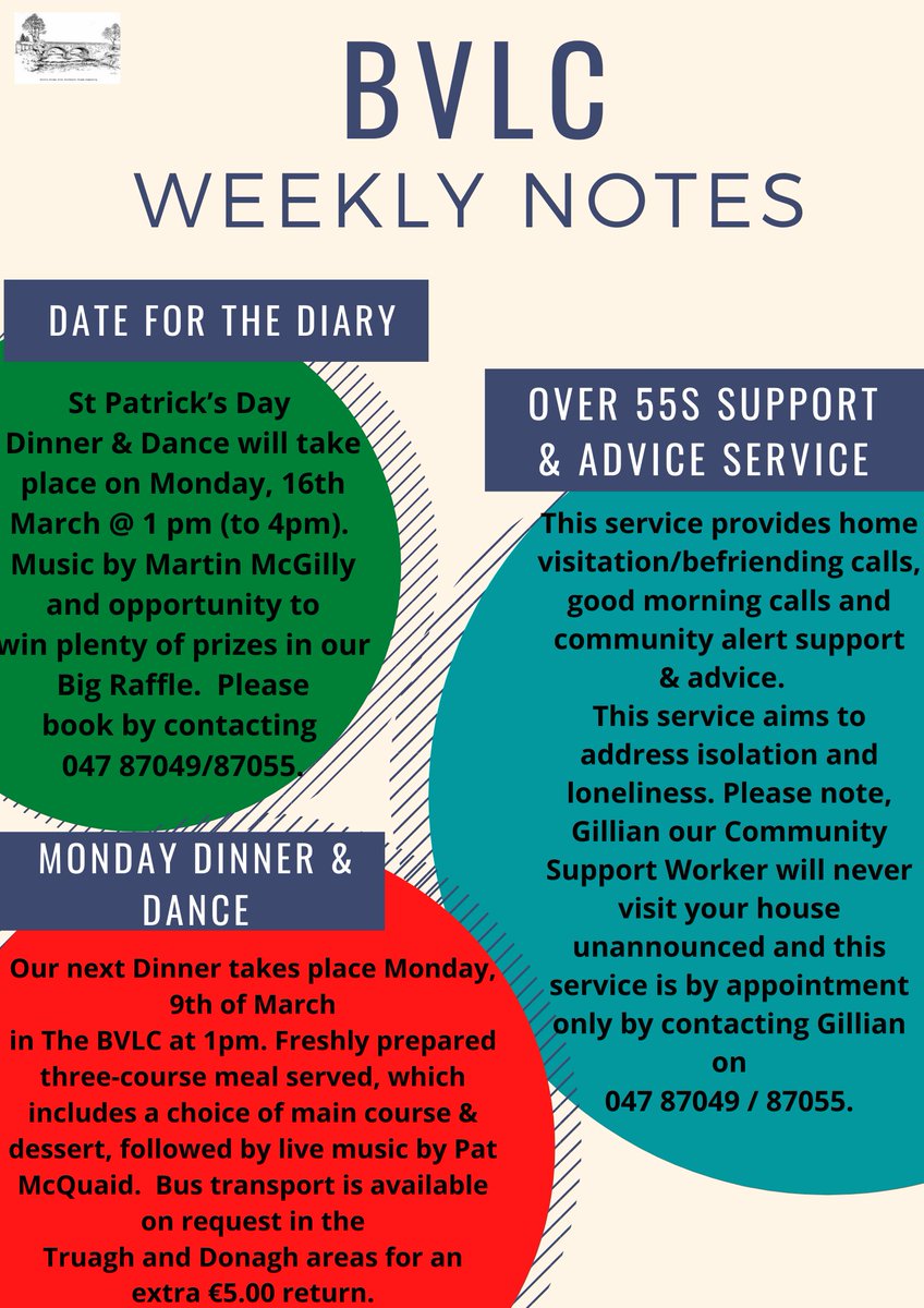 TruaghDevelop's tweet photo. BVLC Weekly Notes 😃 #communityservices #northmonaghan #stpatricksday #over55 https://t.co/wwlT3Qw8ng