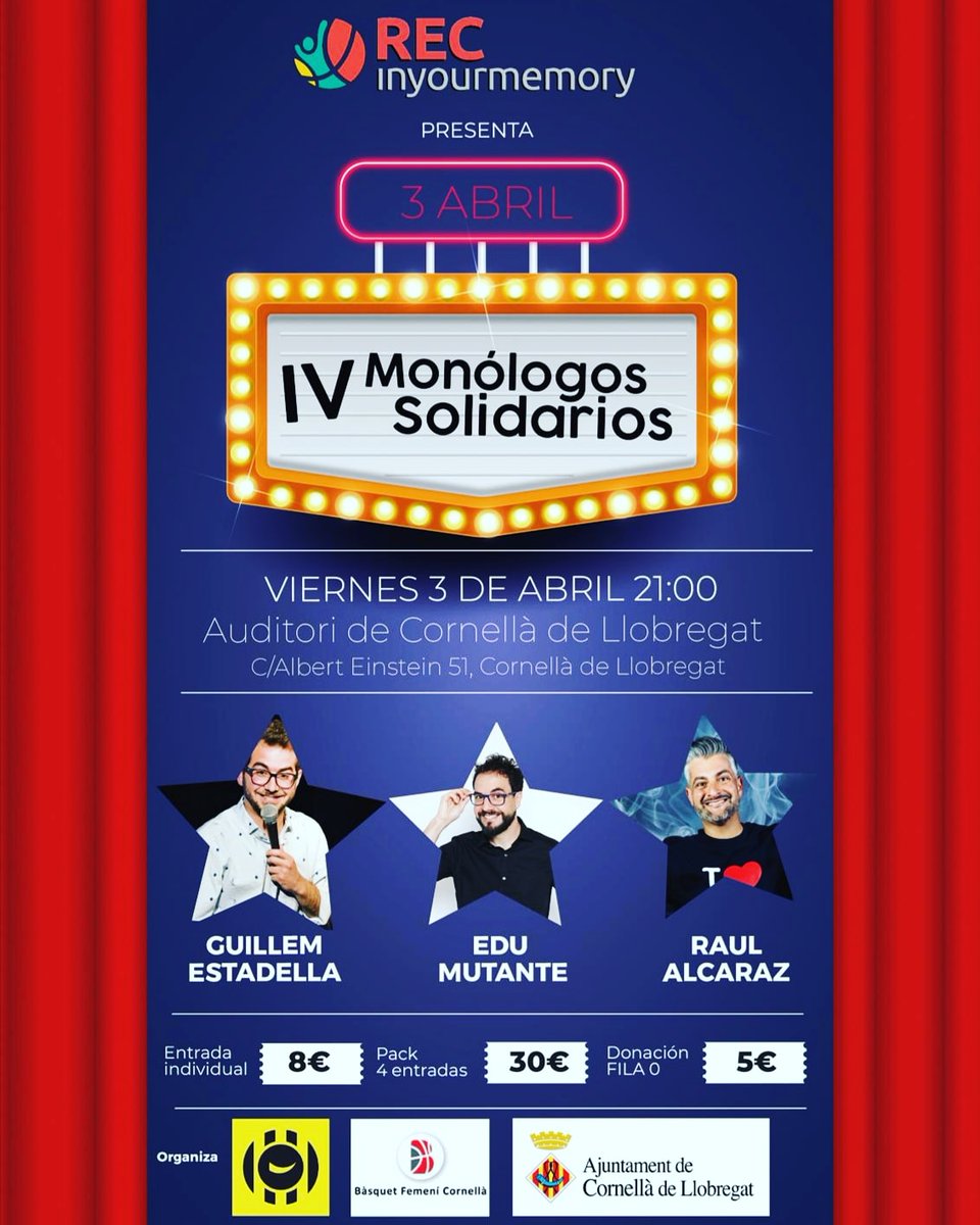 REC in Your Memory (@recinyourmemory) on Twitter photo Ya a la venta las entradas para los IV Monólogos Solidarios
Apunta: 3 de abril, a las 21h en el Auditori de Cornellà.
Contaremos con 3 superestrellas como <a href="/gestadella/">GUILLEM ESTADELLA</a>
<a href="/ralcaraz82/">Raúl Alcaraz</a> y <a href="/EDUMUTANTE/">EduMutante 🇺🇦☮️🕊️</a>
Entradas en recinyourmemory.com
#cambiarelmundoesposible Ya a la venta las entradas para los IV Monólogos Solidarios
Apunta: 3 de abril, a las 21h en el Auditori de Cornellà.
Contaremos con 3 superestrellas como <a href="/gestadella/">GUILLEM ESTADELLA</a>
<a href="/ralcaraz82/">Raúl Alcaraz</a> y <a href="/EDUMUTANTE/">EduMutante 🇺🇦☮️🕊️</a>
Entradas en recinyourmemory.com
#cambiarelmundoesposible