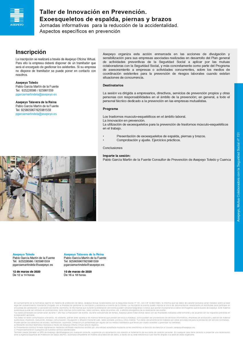 .<a href="/Asepeyo/">Asepeyo</a> te brinda la oportunidad de probar un exoesqueleto, ¿sabes cómo puede mejorar esta herramienta innovadora la seguridad y salud de tus trabajadores?, te esperamos el próximo 10 de Marzo en Talavera de la Reina y 12 de Marzo en Toledo.