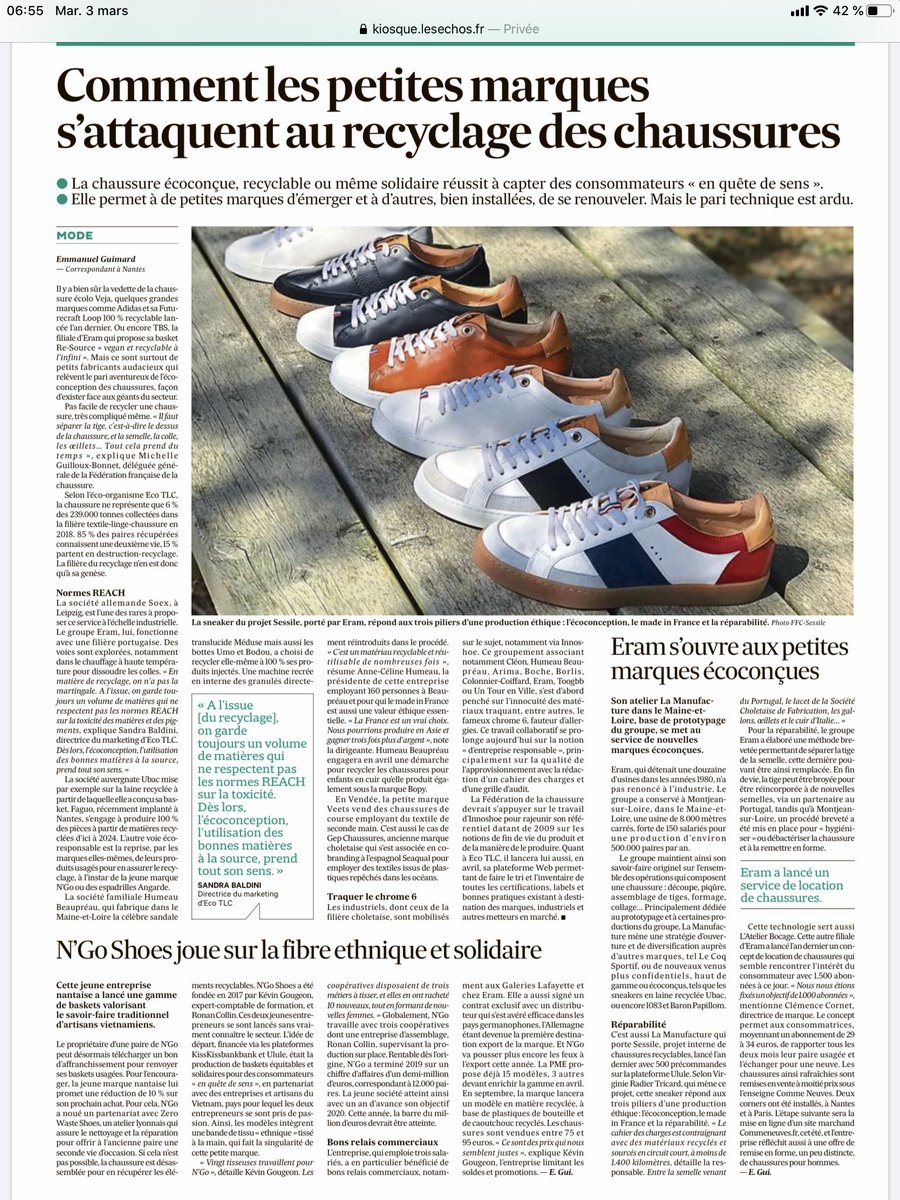 OfficielSessile's tweet photo. Pleine page pour Sessile et @LaManufacture49  dans @LesEchos  ! Les petites marques tracent la route et montrent le chemin de la chaussure écolo ! Merci @EmmanuelGuimard pour votre article éclairant ! https://t.co/Cih9nX5SuZ
