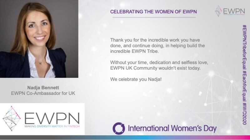 EWPNEurope's tweet photo. This Women's Month we celebrate all the amazing @EWPNEurope Women who do the incredible work of building the #EWPN community. 
Join us celebrate @NadjaBennett EWPN Co-Ambassador for UK.#EachforEqual #IWD2020 #EWPNTribeforEqual 
#womensequalityday #ewpntribe #ewpn 
#genderequality https://t.co/et2n9X0C0S