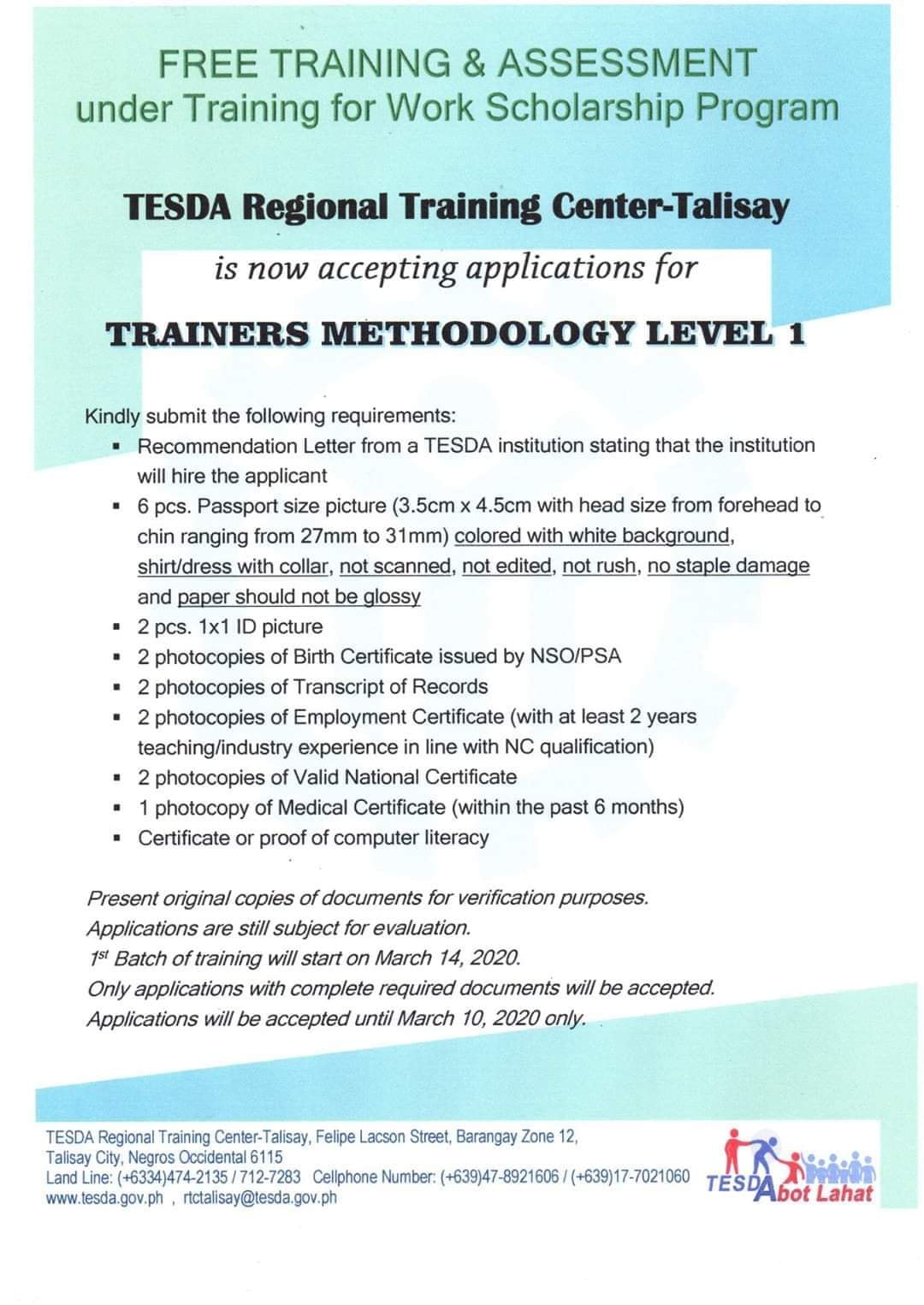 TESDA on Twitter: "#TESDAAlert Ito na ang iyong chance! Ang TESDA Regional  Training Center sa Talisay, Negros Occidental ay nag o-offer ng kursong  Trainers Methodolgy Level 1. Ano pang hinihintay mo? Apply