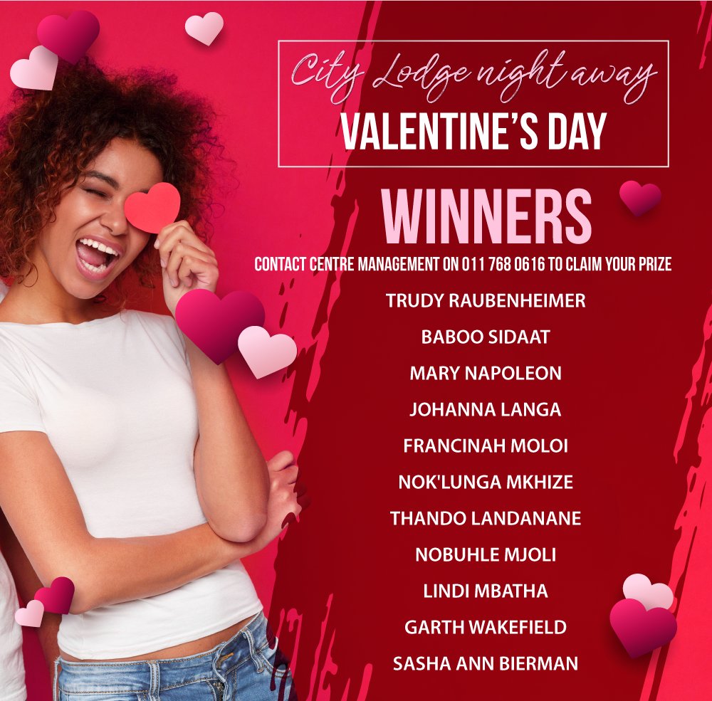 Westgatetweet's tweet photo. 🥳 CONGRATULATIONS TO OUR WINNERS 🥳 

Enjoy your 1 night getaway with #CityLodge! Send us a DM for info on how to claim your prize! 

#TagBae #Winners #WeekendGetaway #Travel #ShotLeft #JoziBreaks https://t.co/zW4905oyLB