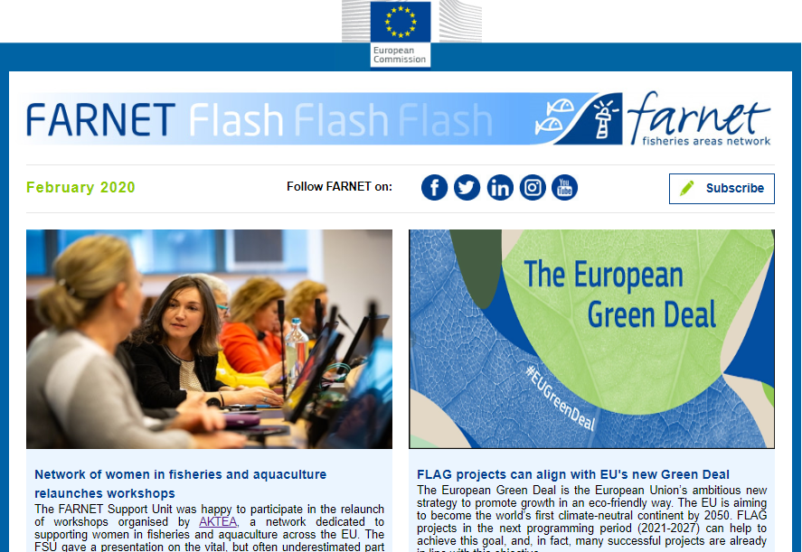 EU_FAMENET's tweet image. ⚡️February's Flash newsletter is out! Read about our participation in the AKTEA workshop on women's networks, and a #Medfish project meeting in France🇫🇷  - and also how FLAGs are already contributing to #EUGreenDeal  🌍🇪🇺
👉bit.ly/2Ib7Weq