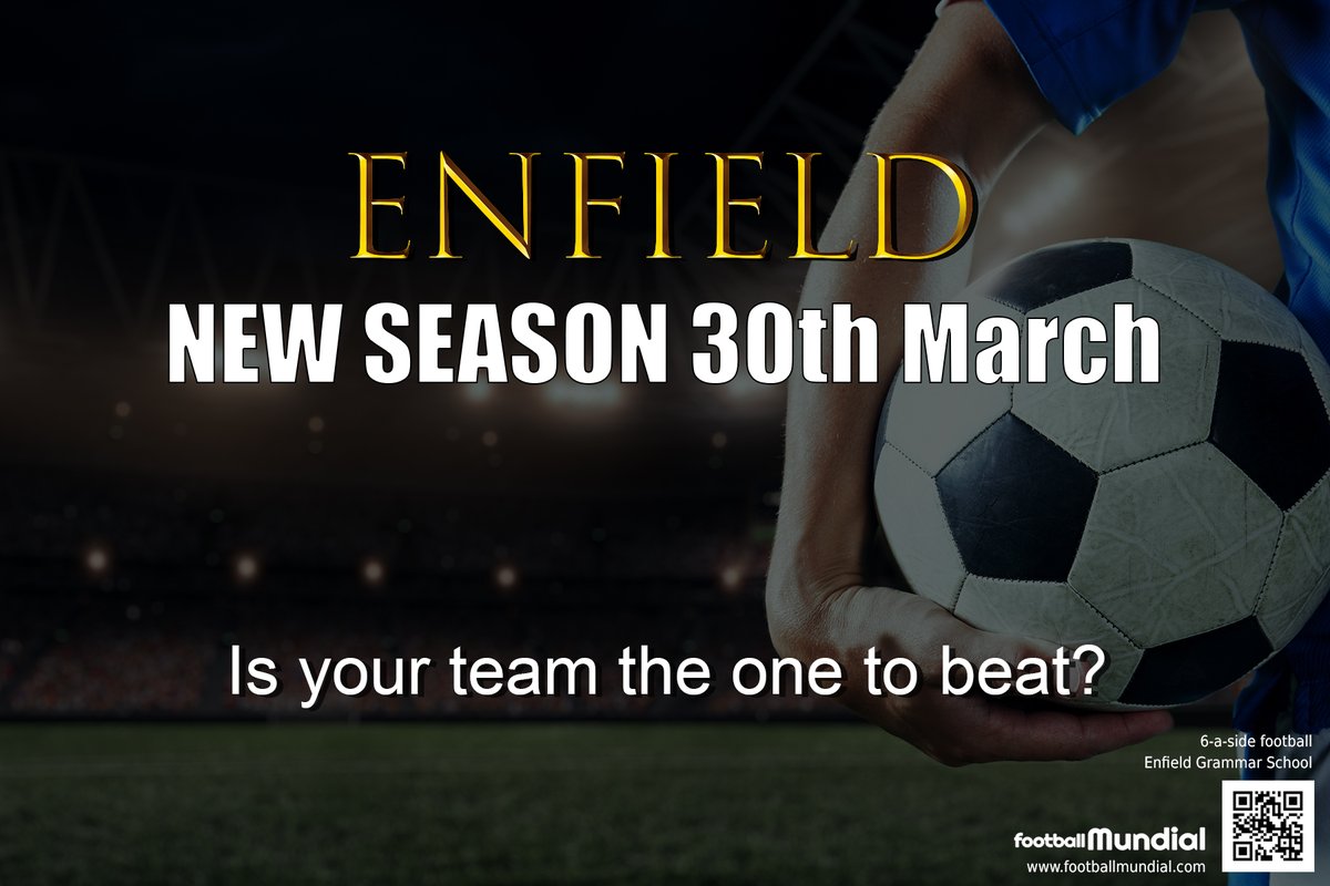 ⚽ ENFIELD The new Monday night season starts at Enfield Grammar School on the 30th March 2020.

Come and get your team involved with superb 6-a-side football at a quality venue.

footballmundial.com/leagues/view/3…

#Enfield #NoGoalsNoGlory