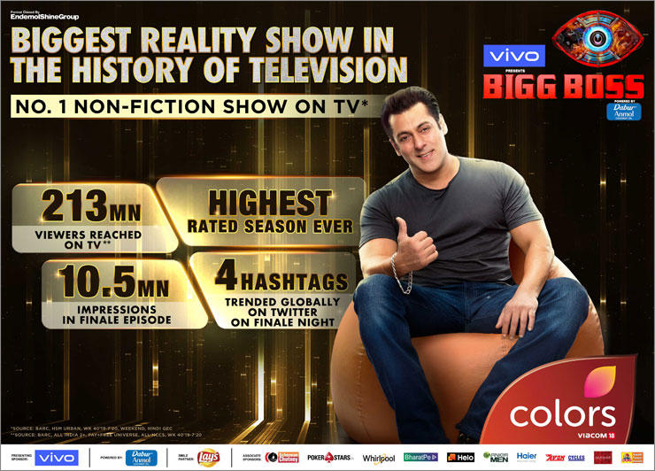 EndemolShineIND's tweet photo. #BiggBoss13 becomes the biggest reality show in the history of Indian television!

#BB13 @BeingSalmanKhan @ColorsTV @Abhishek_S_Rege @GauravS_Gokhale @endemolshine https://t.co/BK6QQ1DTcy