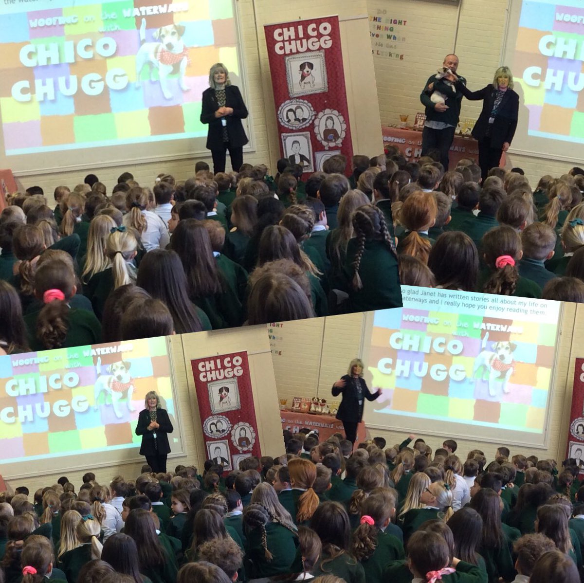TickfordPark's tweet photo. A wonderful and exciting assembly for TPPS this morning, meeting author Janet Roberts, Mike and a surprise visit from Chico! We are looking forward to our workshops with Janet through the day. We are very much enjoying Book Week so far. #bookweek #TP4writing @ChicoChugg ๐ถโดโจโ๏ธ https://t.co/A2E3aQBzLK