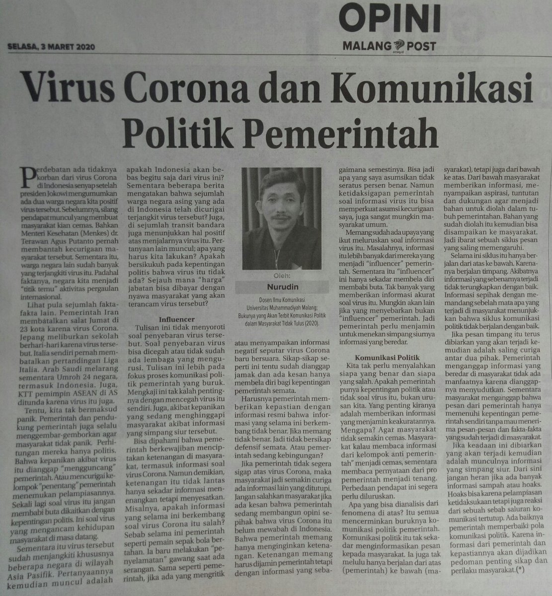 nurudinwriter's tweet photo. Simpang siur soal virus Corona, salah satu wujud buruknya komunikasi politik pemerintah. Tak perlu saling menyalahkan tp apa yg hrs dilakukan. Artikel saya di Malang Post (3/3/2020) #nurudin #malangpost #CoronaVirusUpdate #COVID19indonesia #CoronaVirusIndonesia #COVID2019 # https://t.co/CZhFUrPzUq