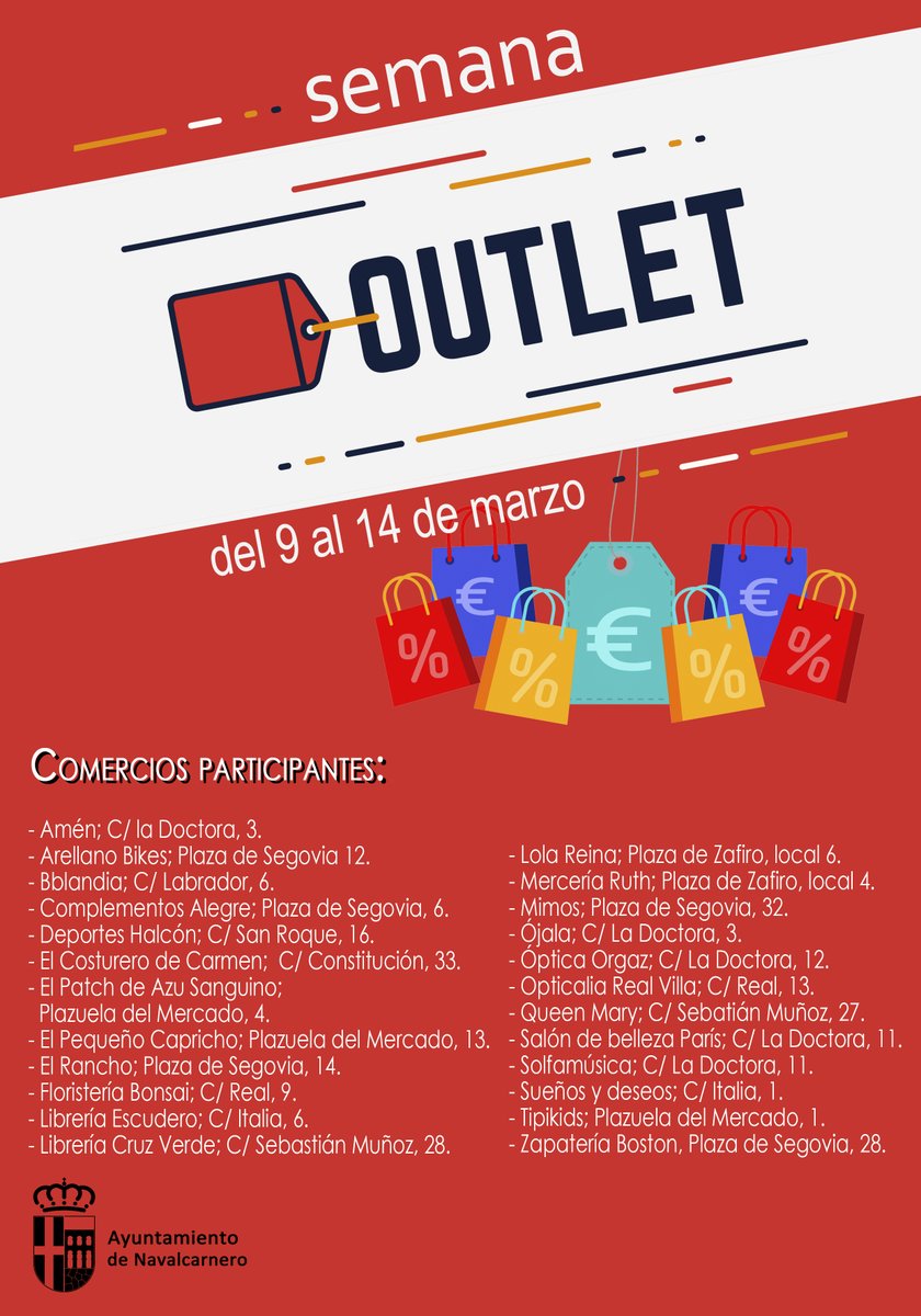 ayto_naval's tweet photo. Durante la semana del 9 al 14 de marzo, una serie de establecimientos comerciales de la localidad contarán con un espacio en sus locales dedicado a artículos outlet. No te ¡¡¡¡¡¡pierdas las promociones!!!!!! https://t.co/cW8NVhTo2L