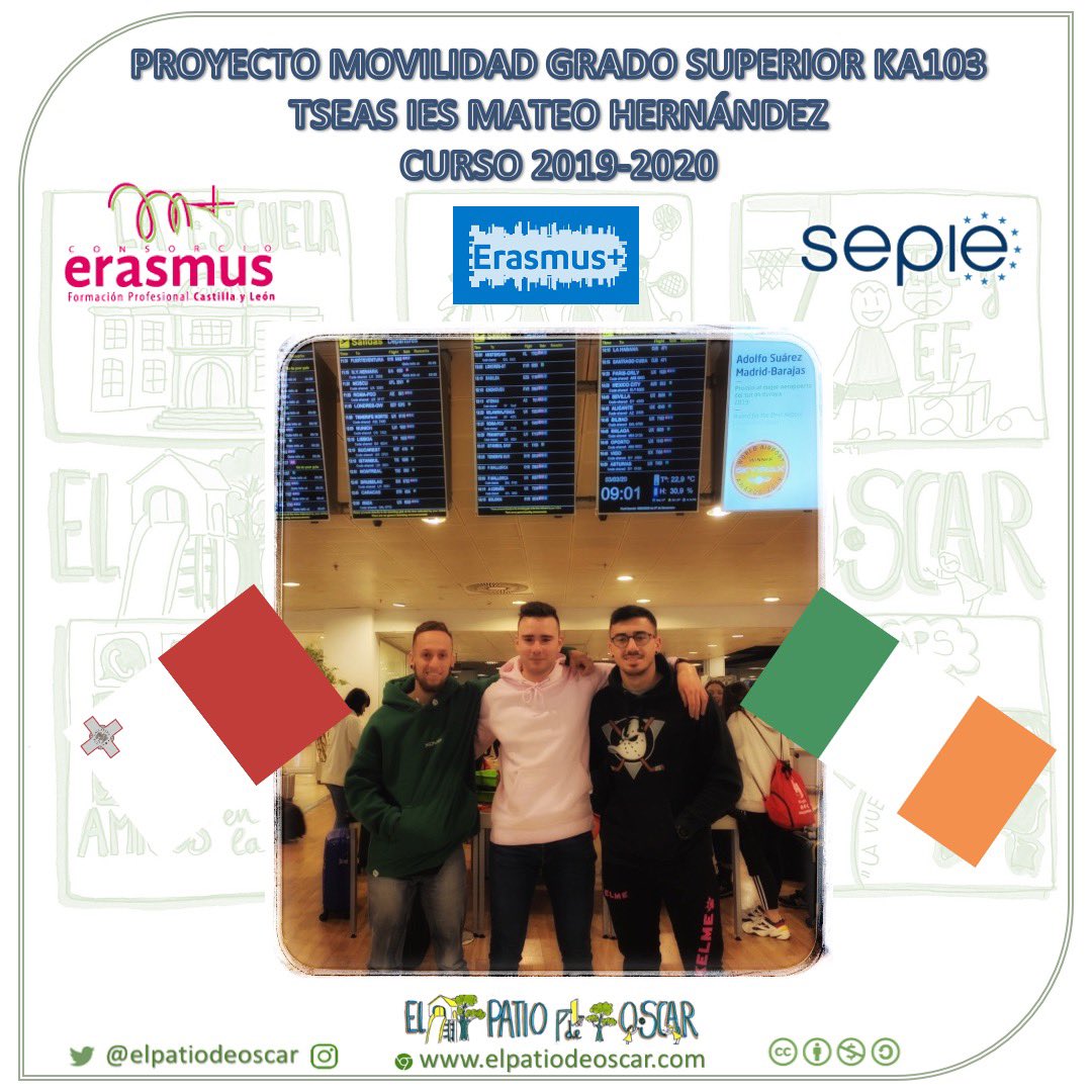 elpatiodeoscar's tweet photo. Nuestros alumnos de 2º #TSEAS del @IES_Mateo empiezan su Proyecto de Movilidad @EUErasmusPlus #K103 para realizar su #FCT ¡Buen viaje y provechosa estancia! #compartoblog #FP_SA #digitaliza_accion1920 https://t.co/slPjP1hd22