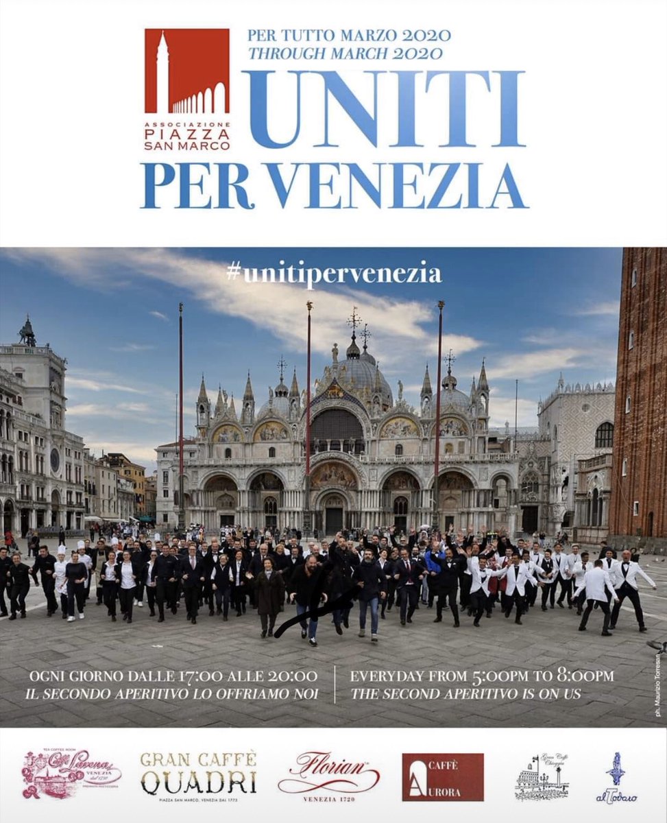 Through March 2020, everyday from 5pm to 8pm the second aperitif is on us (free of charge) 
#StMarksOperator #UnitedForVenice #Venice #coronavirus #Covid_19 #BTSWORLDDOMINATION #NoPanic #NoProblem #NoRedZone #IsNotDangerous #Italy #venezia #stMarksSquare #PiazzaSanMarco