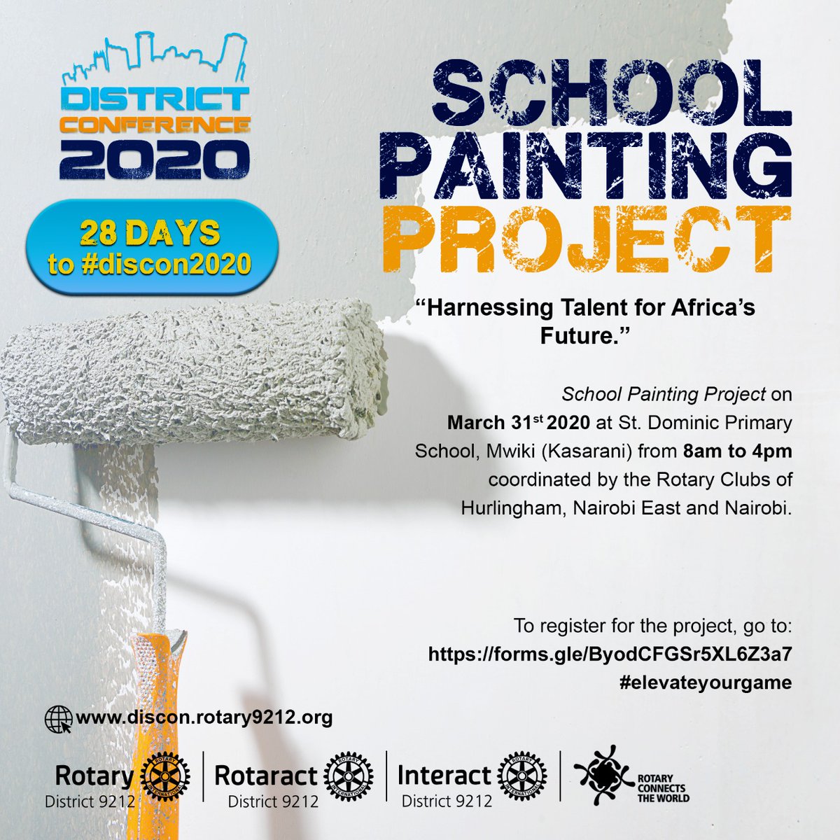 rotaract254's tweet photo. It's 28 days to #DisCon2020
Even more importantly, it's 4 days to the registration deadline.
Have your peeps registered?
We start DisCon off with the School Painting Project at St. Dominic's in Mwiki, Kasarani. Save the date, save the cash, save the time.
https://t.co/ljaAUZUr56 https://t.co/q7ppVMLlEp