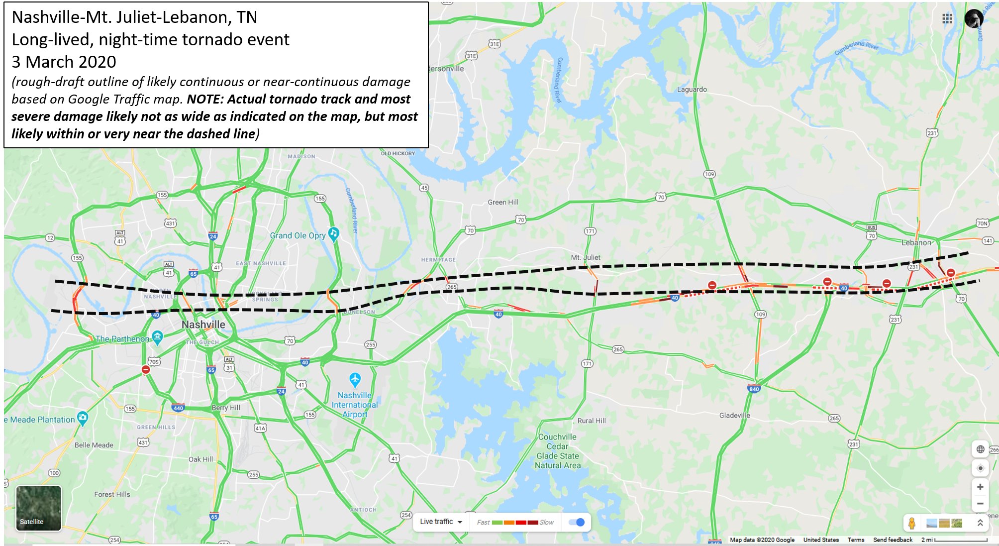 Nashville Tn Traffic Map Mike Umscheid Auf Twitter Significant Long Lived Nighttime Tornado Event Impacted Nashville Mt Juliet Lebanon And More In Tennessee Google Traffic Map Suggests A Continuous Or At Least Near Continuous Track Which May Even