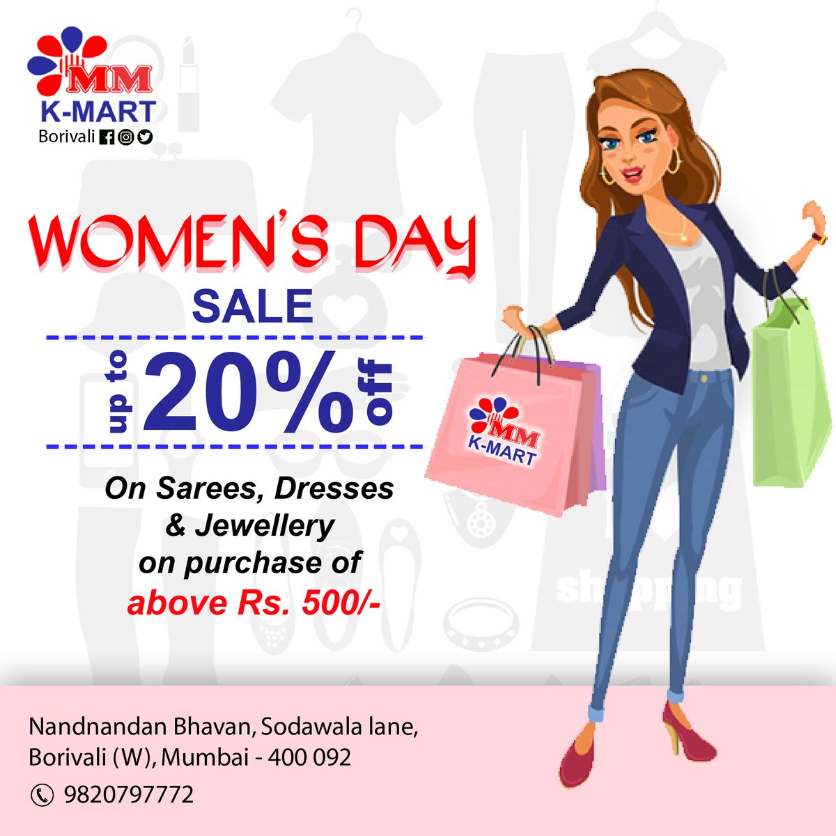 MMKMart1's tweet photo. 💃Women's Day Special Offer💃

Get 20% Off on Ladies #Dresses, #Sarees &amp; #Jewellery.
*On Minimum purchase of above Rs.500/-*

HURRY UP AND VISIT NOW!!! 🛒

#mmkmart #womensdayoffer #discount #womensdayspecial #borivaliwest #womensshopping https://t.co/vI8j6I7s04