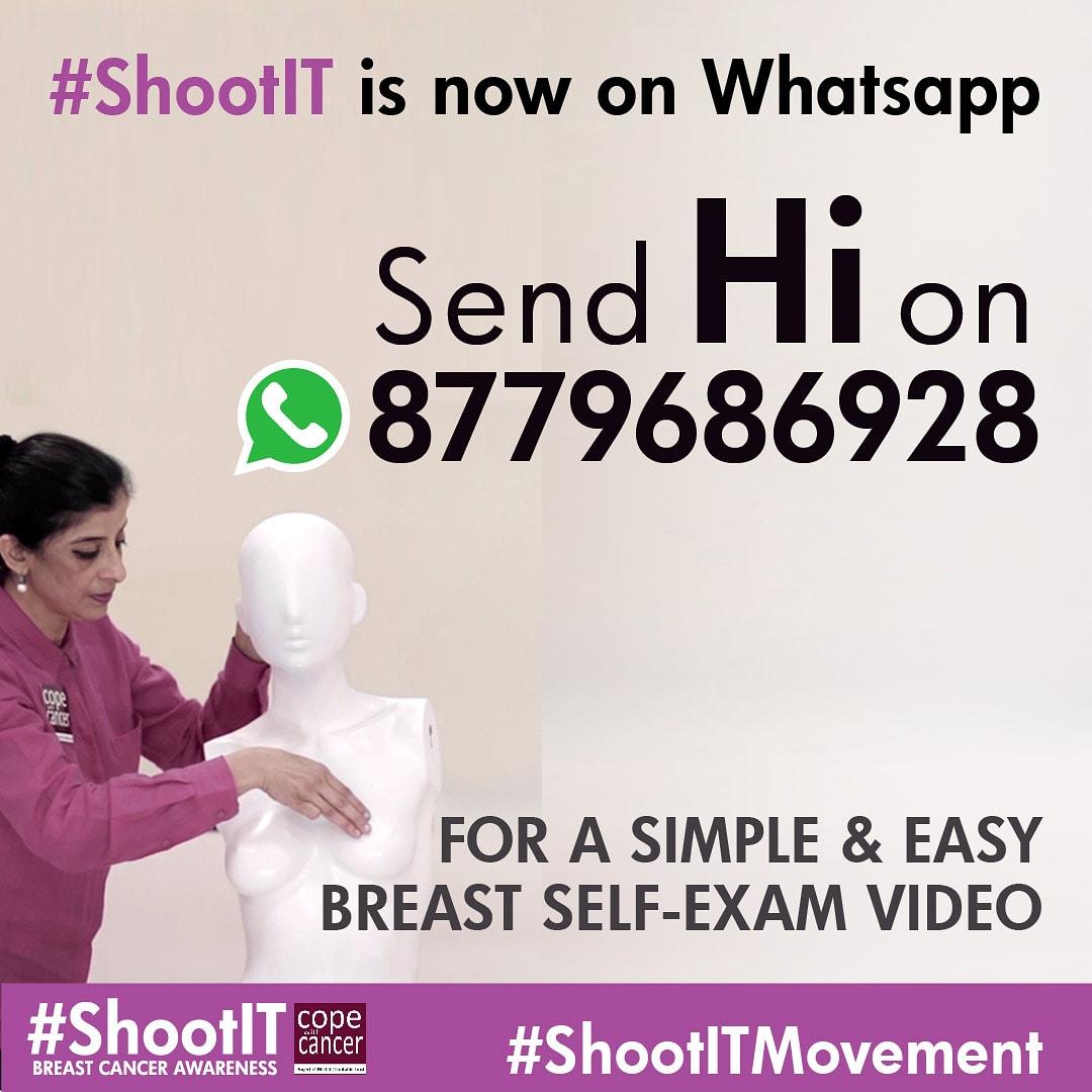 ShootIt_Now's tweet photo. We're excited to announce that we're now on #WhatsApp. Say Hi! to +91 87796 86928 &amp; receive the #BreastSelfExam English video. Make this your WhatsApp status or share this with your friends &amp; family as together, we can save many lives.#ShootITMovement #breastcancer #cancer #india https://t.co/vIlKo3Pzgw