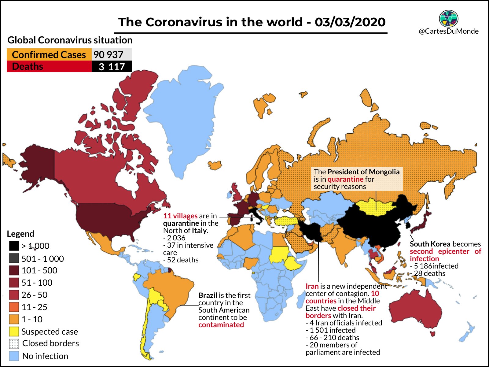 Cartes Du Monde Coronavirusupdates Around The World 03 03 Iran Italy And Southkorea Are The 3 Most Affected Countries Outside Of China France Germany And Spain Begin To Be Very Cartes Du Monde Coronavirusupdates Around The World 03 03 Iran Italy And Southkorea Are The 3 Most Affected Countries Outside Of China France Germany And Spain Begin To Be Very