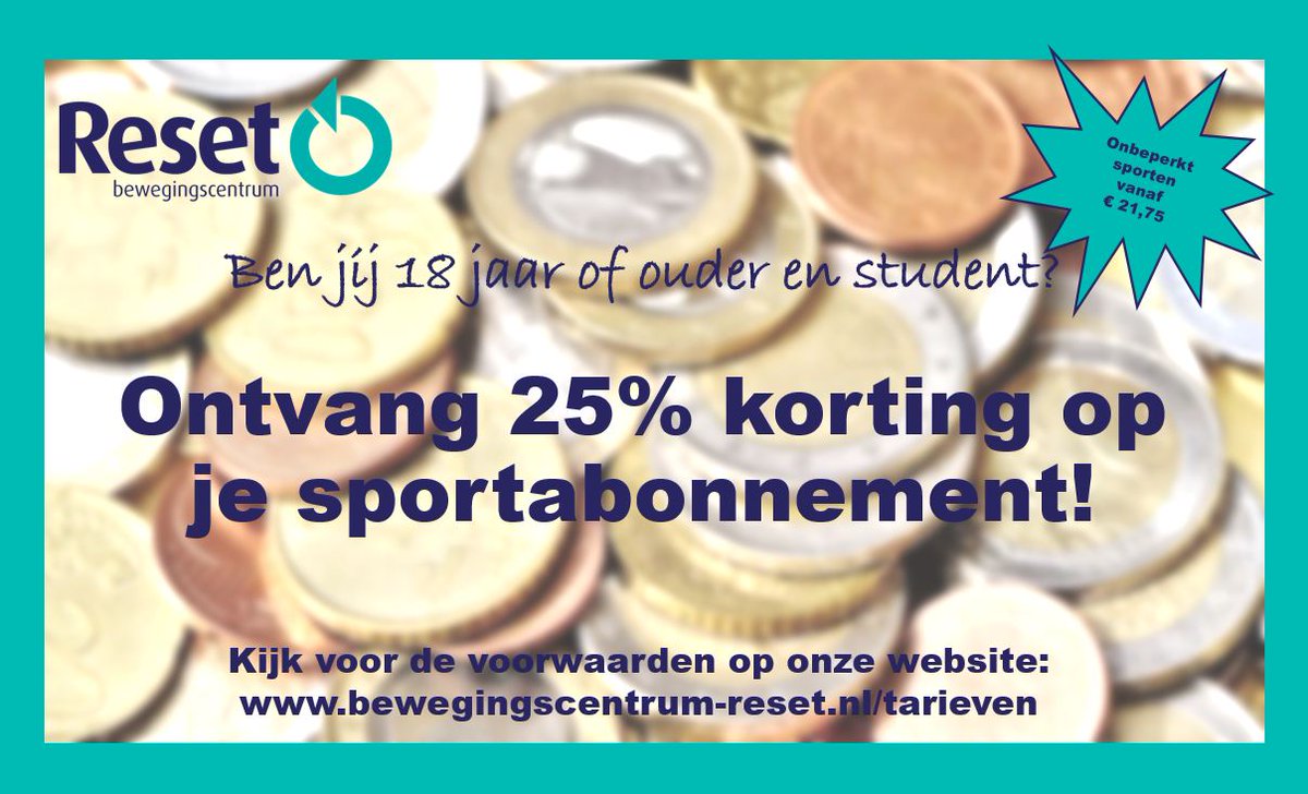 BC_Reset's tweet photo. Ben jij 18 jaar of ouder en student? Ontvang dan 25% korting op je abonnement! Kom voordelig onbeperkt sporten al vanaf € 21,75 per maand.
Voor meer informatie over onze tarieven:
https://t.co/ozxxLmtDdk
#student #studentenkorting #sportabonnement #bewegen #fit #sporten #burgum https://t.co/QF1JO0QdIj