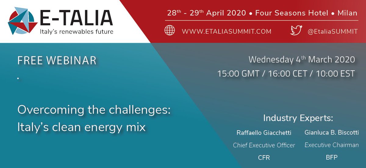 GreenPowerConf's tweet photo. Register for #Etaliasummit's free #webinar here >https://t.co/4uT6Q0yF8Y
All registrants will be sent the full webinar recording anyway, so if you can't make it at that time, don't worry.
#ClimateChange #RenewableEnergy #CleanEnergy #Italy #webinar https://t.co/KdOK6TXr5P