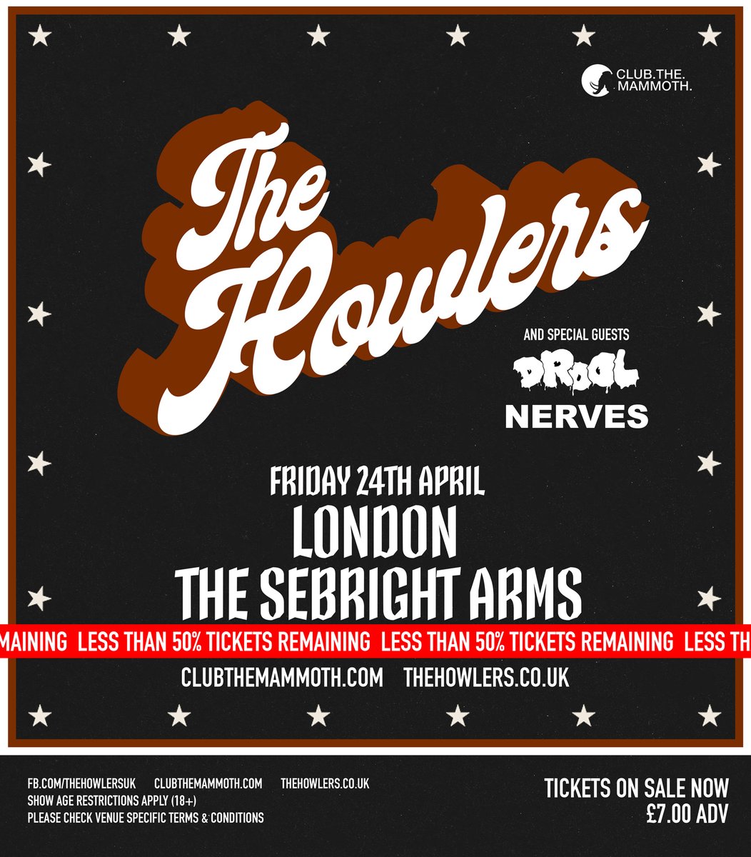 We’re supporting <a href="/thehowlersuk/">The Howlers</a> on Friday 24th April at the <a href="/sebrightarms/">Sebright Arms</a> as part of their UK tour. Tickets are flying out, get them quick!

Tickets: link.dice.fm/PRwgYAI981
Event: facebook.com/events/9968318…

<a href="/clubthemammoth/">CLUB.THE.MAMMOTH.</a>
