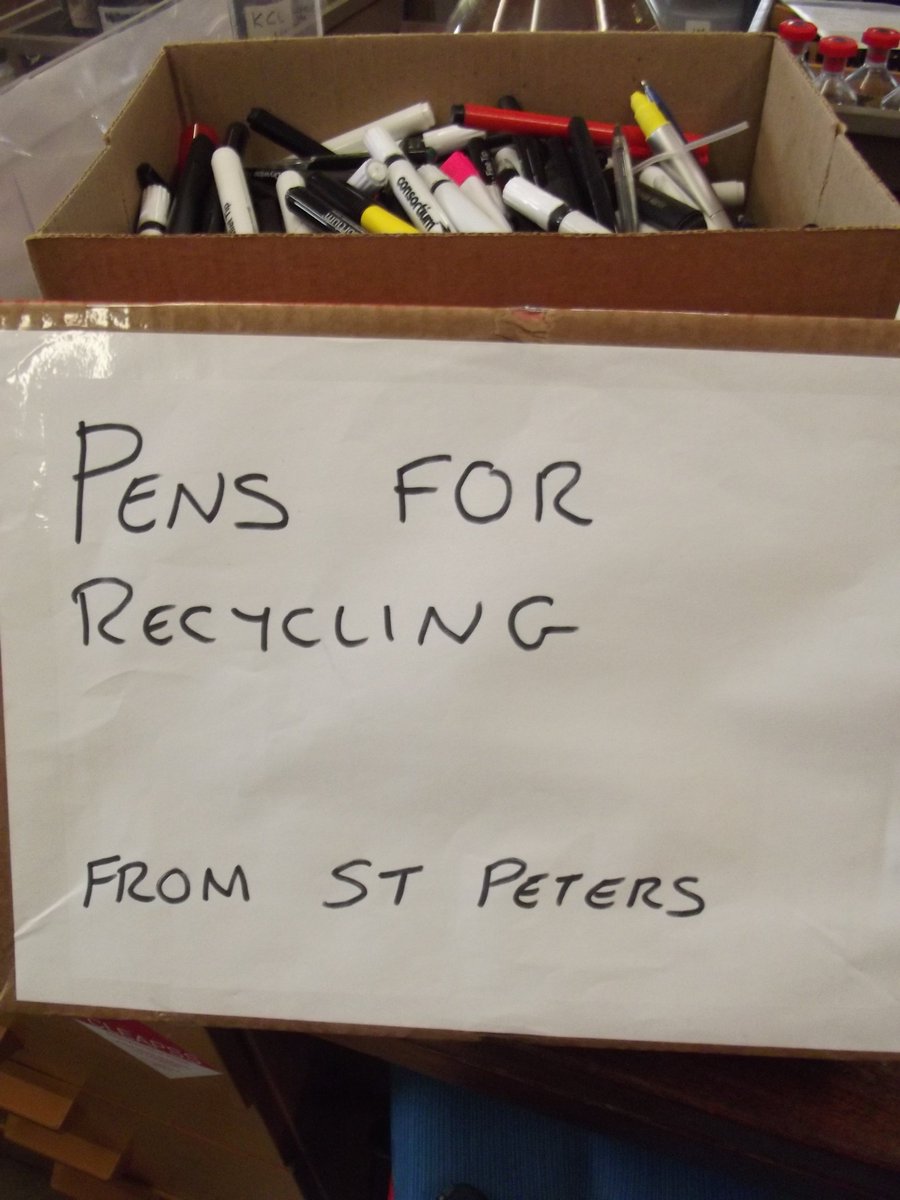 SPHSscience's tweet photo. Sixth Form Green team have done an amazing job collecting pens for recycling. Keep adding your broken writing instruments to the boxes around @StPetersRCHigh 
#recycling #terracycle #greenteam #doingourbit #environment #lesslandfill https://t.co/iSbyQSdk8w