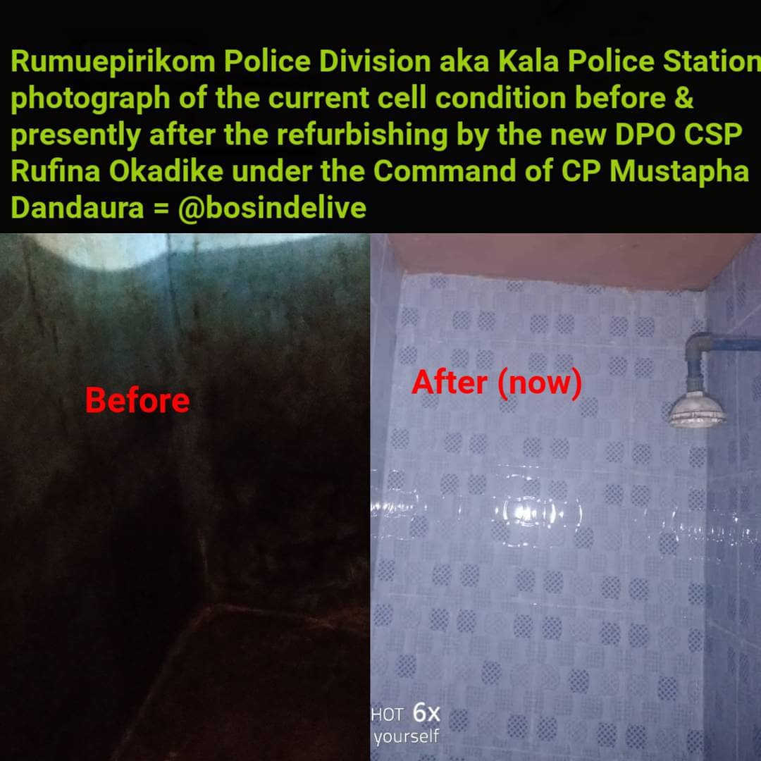 The DPO Rumuepirikom <a href="/PoliceNG/">Nigeria Police Force</a> Division in Phc CSP Rufina Okadike upon assumption as DPO immediately began massive renovation &amp; refurbishing of the cells. She insisted on ensuring those who are detained take their bath normally with shower inside the cell.