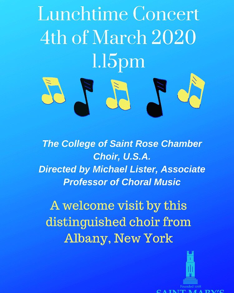 The Launch of this years Highly Regarded Lunchtime concerts will be kicking off with The college of Saint Rose Chamber Choir, USA. We have been having Lunchtime concerts here for over 10 years ! Our first March Lunchtime concert will take place on Wednesday the 4th of March 🎶🎶