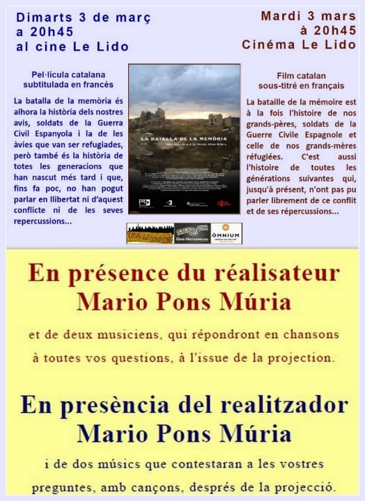 Òmnium Catalunya Nord (@omniumcatnord) on Twitter photo Aquesta Nit, al Cinéma Le Lido, Prada, projecció de la Batalla de la Mémoria, en presència del realitzador Mario Pons Muria de <a href="/SegulaFilms/">Sègula Films</a> i dos músics que contestaran a les vostres preguntes amb cançons, després del film 🎬🎸 Aquesta Nit, al Cinéma Le Lido, Prada, projecció de la Batalla de la Mémoria, en presència del realitzador Mario Pons Muria de <a href="/SegulaFilms/">Sègula Films</a> i dos músics que contestaran a les vostres preguntes amb cançons, després del film 🎬🎸