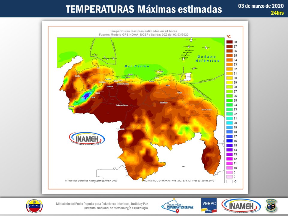 INAMEH's tweet photo. #3Mar #INAMEHInforma Temperaturas máximas estimadas para hoy en Venezuela #Pronóstico #Estimaciones @tutiempopereira @NestorLReverol https://t.co/ESksmFtWWD