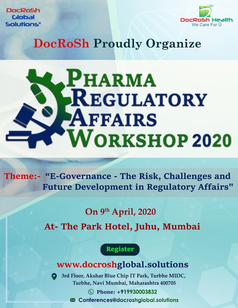 DocRoShGlobal's tweet photo. We at DocRoSh Global Solutions®  proudly share the great opportunity for Pharmaceutical Professionals to attend the first of its kind pharmaceutical Industry-focused 1-day Workshop on “PHARMA REGULATORY AFFAIRS WORKSHOP- 2020, 
Call – +91 9930003832
visit: https://t.co/9lA4q14Afw https://t.co/Ifao15thBd