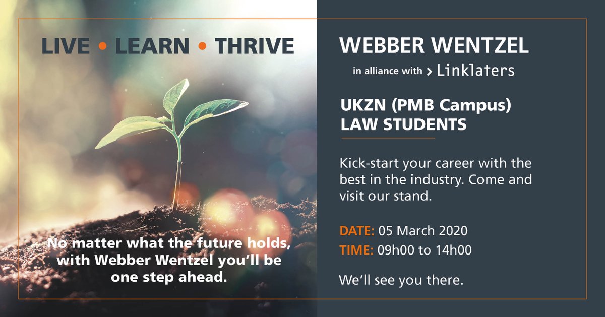 webberwentzel's tweet photo. The Webber Wentzel Graduate Recruitment team will be at @UKZN (PMB Campus) Law Career Day on 05 March 2020. If you are a law student and would love to kick-start your career with the best in the industry come and visit our stand.

#WWCAProgramme #CareerFairs https://t.co/FdjZPTGqa6