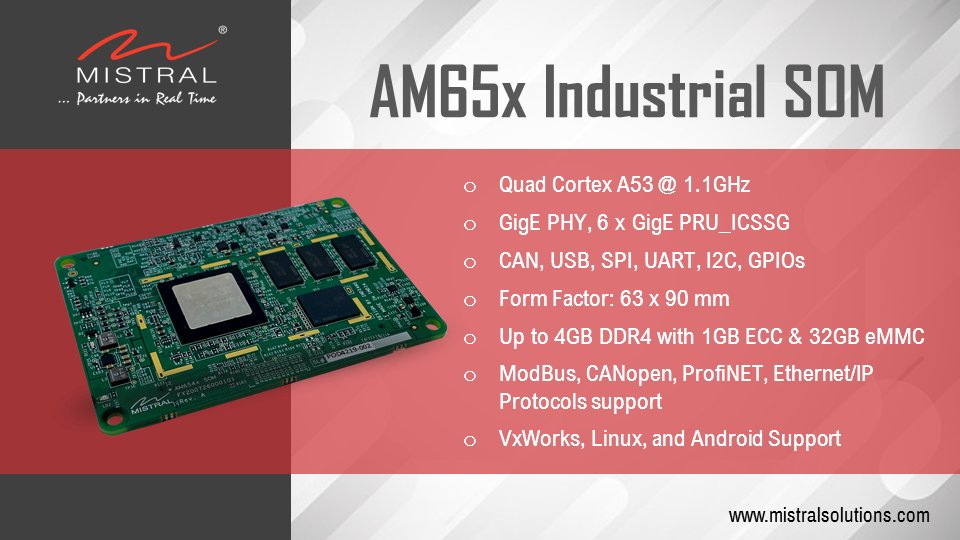 MistralSoln's tweet photo. The AM65x Industrial #SOM is easy to use, compact, light-weight System on Module providing very high processing power for Industrial applications. Learn more https://t.co/qWhHPEeSUt

#AM65x #Industry40 #industrial #mistralsolutions https://t.co/ZWfGdsHssD