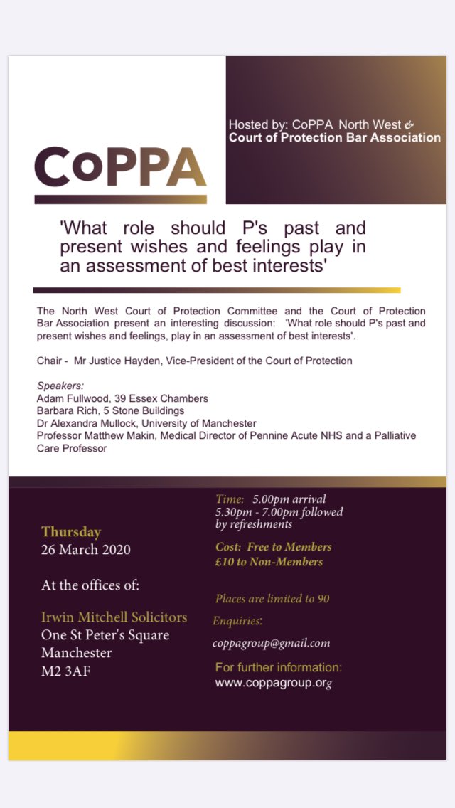 CoPPA North West and COP Bar Association are hosting a joint seminar chaired by Mr Justice Hayden at 5pm on 26th March 2020 at Irwin Mitchell’s Manchester office - all members and non members welcome <a href="/CoPPA_NW/">CoPPA_NW</a> #courtofprotection