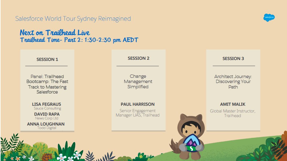 wellywoodanna's tweet photo. This is TOMORROW now folks - tune in live, & see our #TrailheadBootcamp panel chat, as part of #TrailheadtoWorldTour - #Sydney #SalesforceTour #reimagined!
#100daysoftrailhead #100daysoflearning #alwaysbelearning #neverstoplearning #journeytoCTA
https://t.co/Sl9FpbcFsp https://t.co/uE4o1JDllX