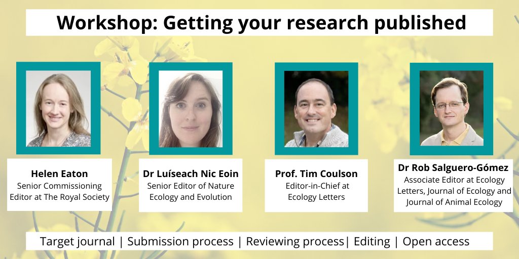 BEE_Ox_2020's tweet photo. Our 2nd workshop at #BEE2020 will be on getting your research published. We have a fantastic panel of publishing experts: Helen Eaton (@royalsociety) Dr Luíseach Nic Eoin (@NatureEcoEvo) Prof Tim Coulson (@Ecology_Letters) Dr Rob Salguero-Gómez (@JEcology @AnimalEcology) https://t.co/7CwqZjoaVL