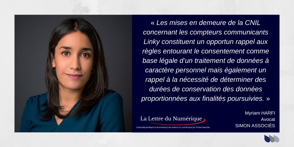 LdNumerique's tweet photo. 🎯La @CNIL cible les compteurs communicants #Linky et met en demeure les sociétés #EDF et #ENGIE

👤Par Myriam Harfi #avocat @SIMONASSOCIES 

➡https://t.co/2w14T9MiYq

#consentement #données #durée #conservation #RGPD https://t.co/7wYGTmIREW