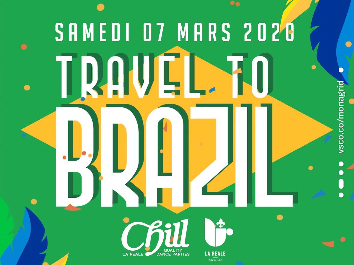 🇧🇷 𝕋ℝ𝔸𝕍𝔼𝕃 𝕋𝕆 𝔹ℝ𝔸ℤ𝕀𝕃 🇧🇷
Les soirées sont de plus en plus chaudes à La Réale
-
⭐ 2 salles ouvertes ( 700m2 )
⭐️ Samedi 07.03.20 // Entrée libre
✨ 18:00 - 02:00

La Réale et le Chill Marseille vous offrent une soirée aux airs de voyage en plein Brésil ! 

#Marseille
