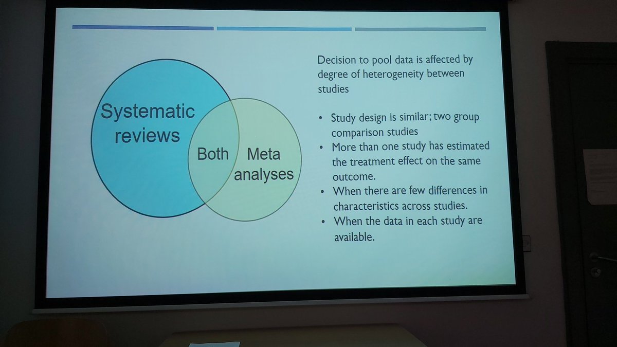 twh1976's tweet photo. The decision to pool data is affected by degree of heterogeneity between studies #THECONF #EvidSynIRL #hrbtmrn @TCD_SNM @tcdlibrary https://t.co/rW1T3U2yyz
