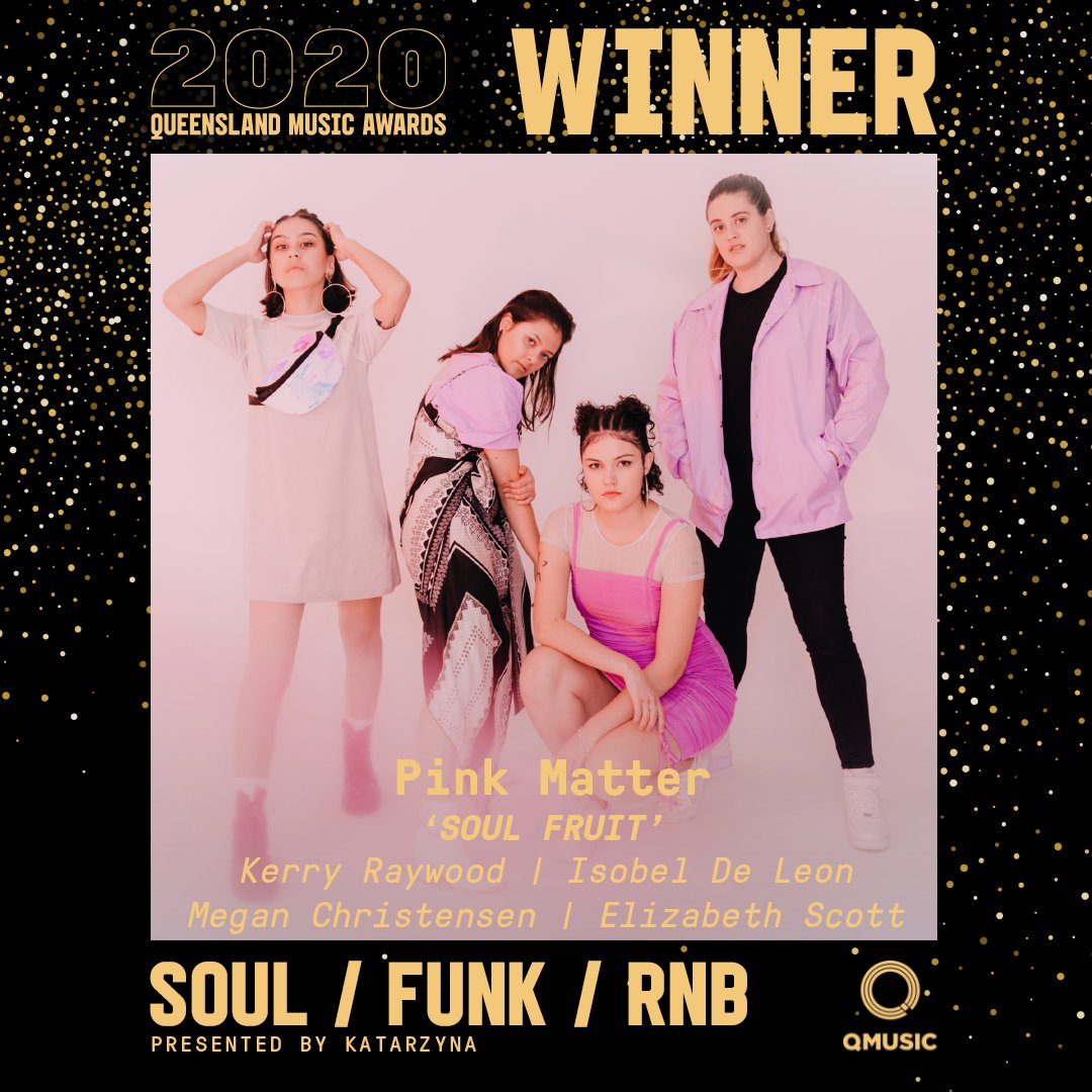 Neo-soul four-piece @pinkmatterband  slide into their first QMAs with their tune ‘Soul Fruit’ winning the #QldMusicAwards Soul / Funk / R’n’B Award presented by Katarzyna!