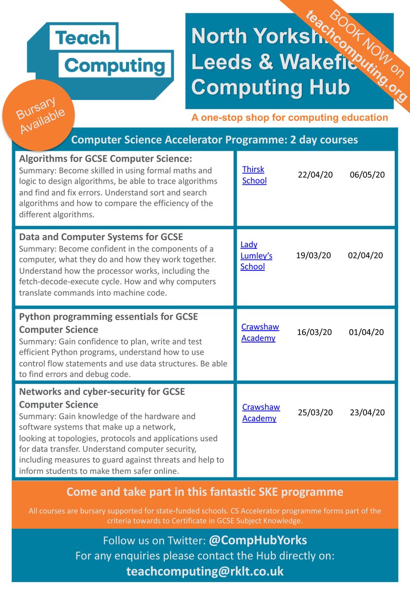 CompHubYorks's tweet image. Are you teaching secondary Computer Science? We have a few places left on our up and coming accelerator programmes. All courses are bursary supported for state-funded schools. What are you waiting for? #secondarycomputing #cpd #computerscience @STEMLearningUK