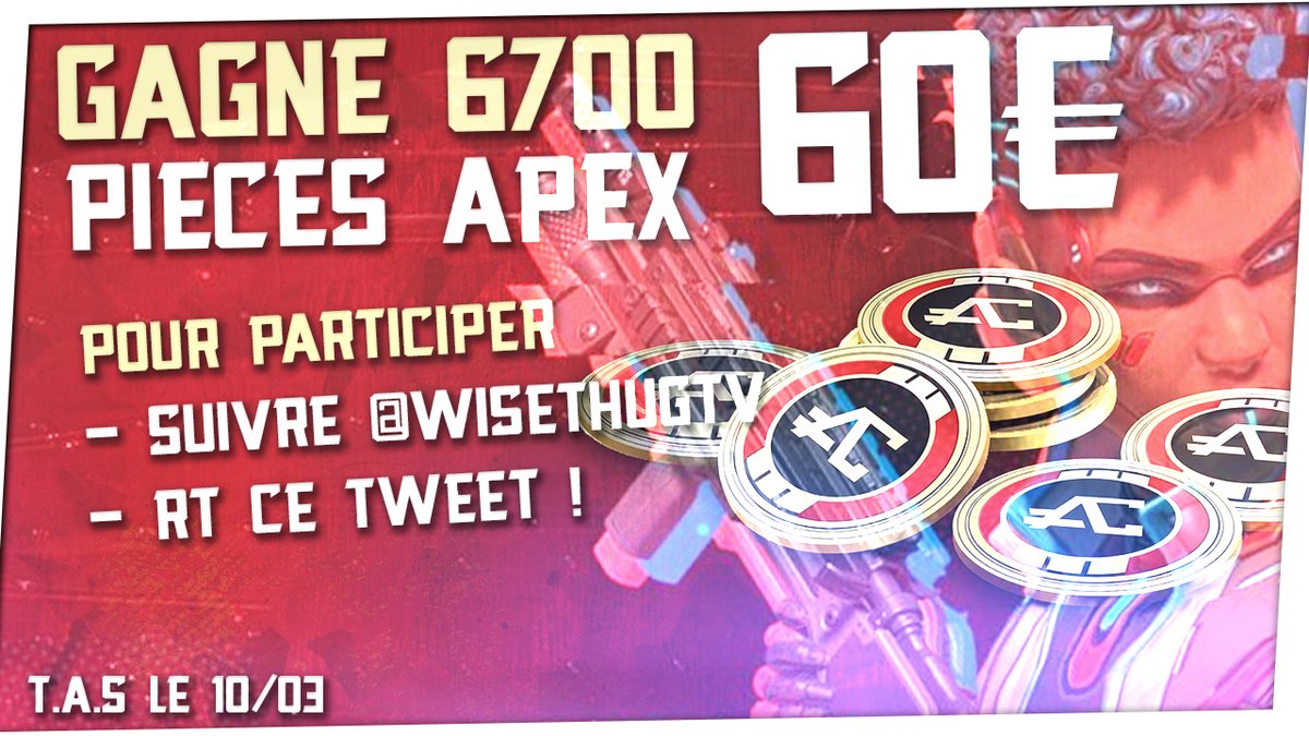 WisethugTV's tweet image. 🏆#Concours 🏆

A l'occasion de la sortie de l’événement #SystemOverride sur #ApexLegends je vous fait gagner 6700 pièces Apex sur la plateforme de votre choix !

Pour participer :
- #RT ce tweet
- Follow @WisethugTV

Merci à @EAFrance pour la dotation !

T.A.S le 10/03 !