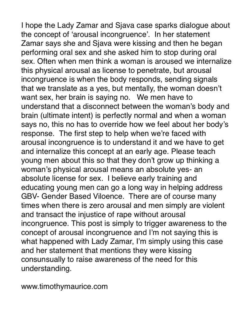 timothymaurice's tweet photo. I hope the #LadyZamar and #Sjava case sparks dialogue about the concept I share in this post called Arousal Incongruence. https://t.co/wqsdvRH3nc