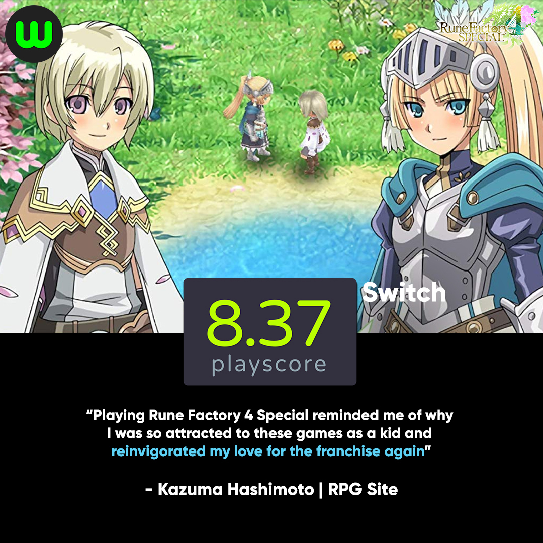 whatoplay's tweet photo. Reminisce the excitement and indulge yourself in this classic JRPG. Rune Factory 4 Special receives a playscore of 8.37.
ㅤ
Do you agree with the score? Leave a review at https://t.co/VCWcIDrdK0

 @XSEEDGames  @marvelous_games @RPGSite 
 #neverlandgames #playscoreupdate https://t.co/atcbmpvkba