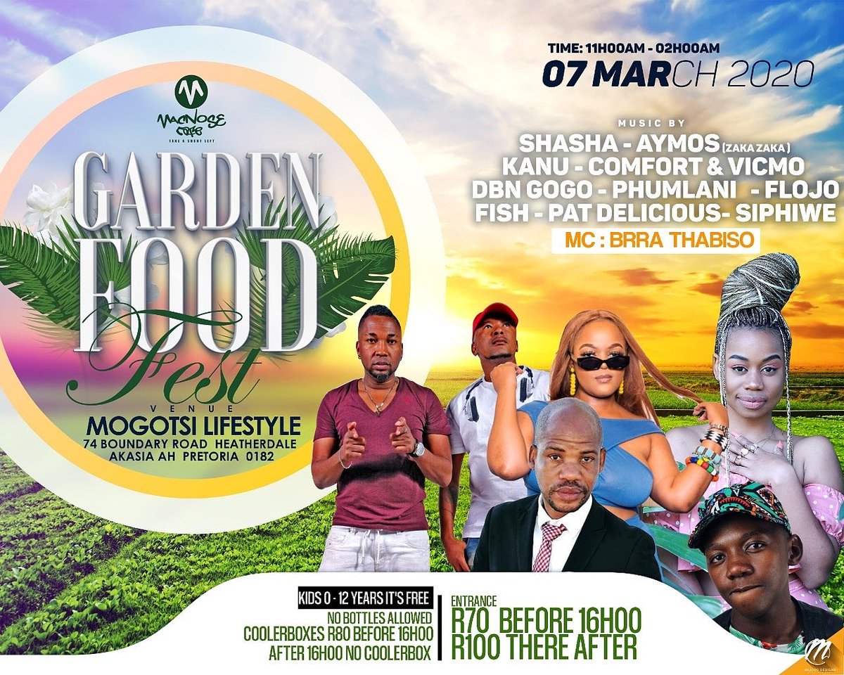 MacNosShortLeft's tweet photo. Taking a break from @NandosSA @KFCSA won’t hurt 😜Join us this SATURDAY for our second edition of #GardenFoodFest

Come hungry 😋🥴 Come thirsty😜🤤for a taste bud explosion from sweet to savoury to spicy. 😋

📅7 March 2020 
📍Mogotsi Lifestyle Centre (Akasia) 
⏰11am-2am
#GFF https://t.co/UeiLX9t6Yr